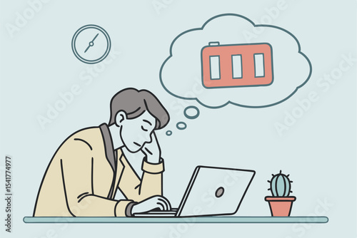 Burnout at Work Illustration Depicts Tired Man with Empty Battery Concept and Facing Laptop in Office Environment
