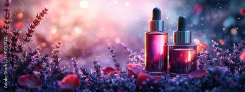 Lavender Rose Petal Skincare Serum Bottles Glowing Background