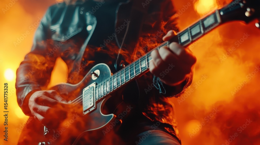 Obraz premium A passionate musician plays electric guitar amid vibrant flames, symbolizing energy and creativity. This image captures the essence of live music and artistic expression.