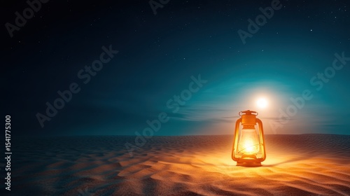 A rustic lantern emits a warm, inviting glow against a starry night sky in the serene desert, symbolizing guidance and warmth amid vastness and solitude.