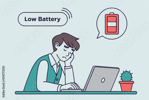 Feeling Drained Man at Computer with Low Battery Notification and Cactus on Desk Illustrating Digital Fatigue
