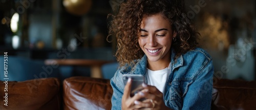 The woman joyfully interacting with her smartphone in a cozy setting.