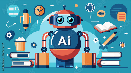 Colorful vector of a friendly AI robot among books and digital icons like clock, globe, gears, and pencil. Flat style illustration symbolizing AI learning, education, and digital transformation.