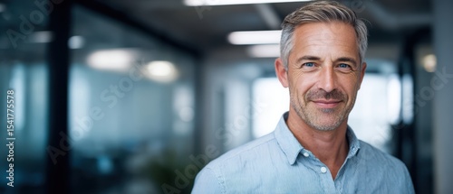 The confident businessman with a friendly smile in a modern office setting.