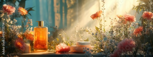 Natural Skincare Luxurious Beauty Products amidst Blooming Flowers