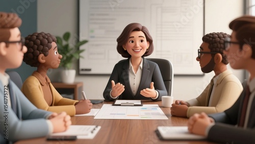 3D cartoon illustration of a confident happy middle aged business woman executive ceo leading a corporate team meeting with diverse colleagues at corporate group meeting in a modern office