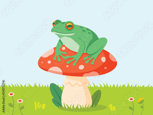 Cheerful Frog on a Mushroom A Charming Vector Illustration