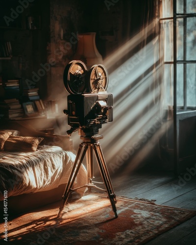 Vintage movie camera on tripod in sunlit room Antique film projector on stand near bed
