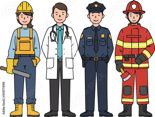 Create a kinds of deferent Different Professions People Characters Standing Together. Woman and Man Wearing Professional Uniform. vector art with white background.