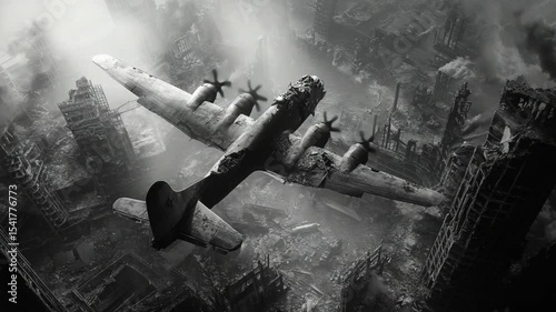 Haunting view of a World War II era bomber flying over a desolated city landscape