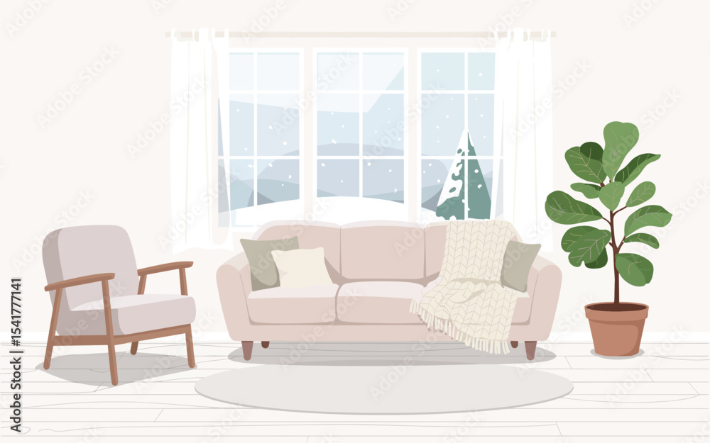 Fototapeta premium Cozy Living Room Interior Design A Flat Vector Illustration of a Winter Scene
