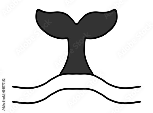 Whale Tale Icon ocean animal, mammal tail line sketch. Vintage simple silhouette with waves. Minimalistic simple tattoo drawing. 