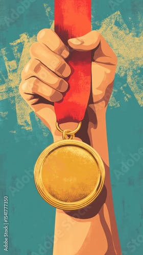 Hand Holding a Gold Medal with Red Ribbon Against a Textured Background