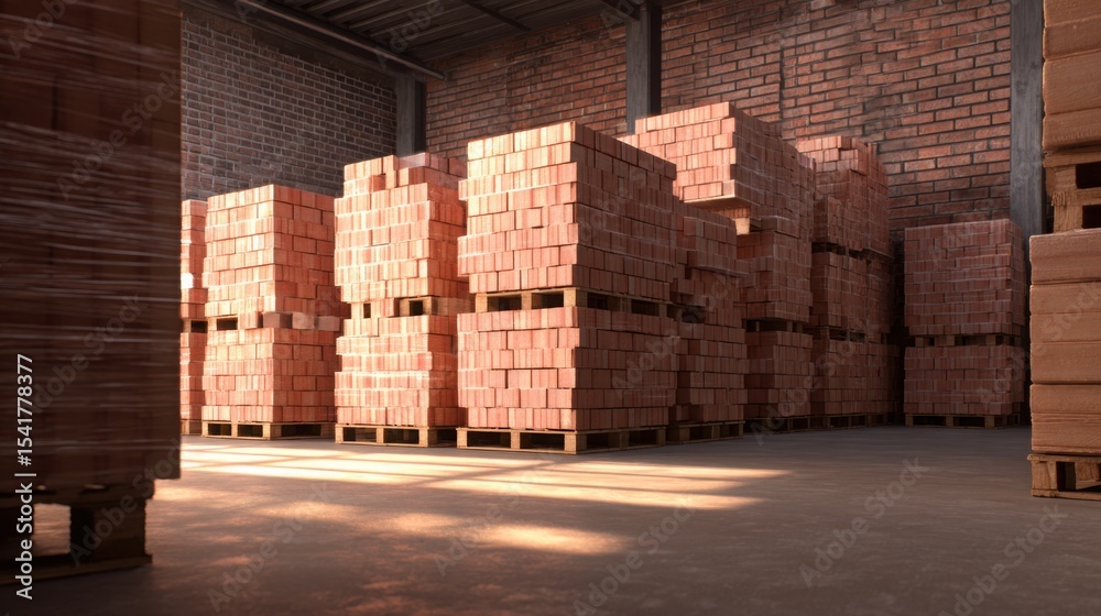 Fototapeta premium Warehouse interior filled with neatly stacked red bricks on wooden pallets, dusty floor, warm side lighting, industrial realism