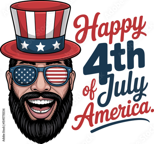 Bearded man with top hat and America flag sunglasses in bold happy 4th of July America typography  