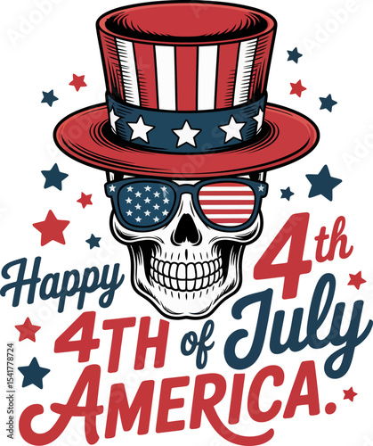 Starry background with grinning skull in Uncle Sam hat saying happy 4th of July America in bold font  