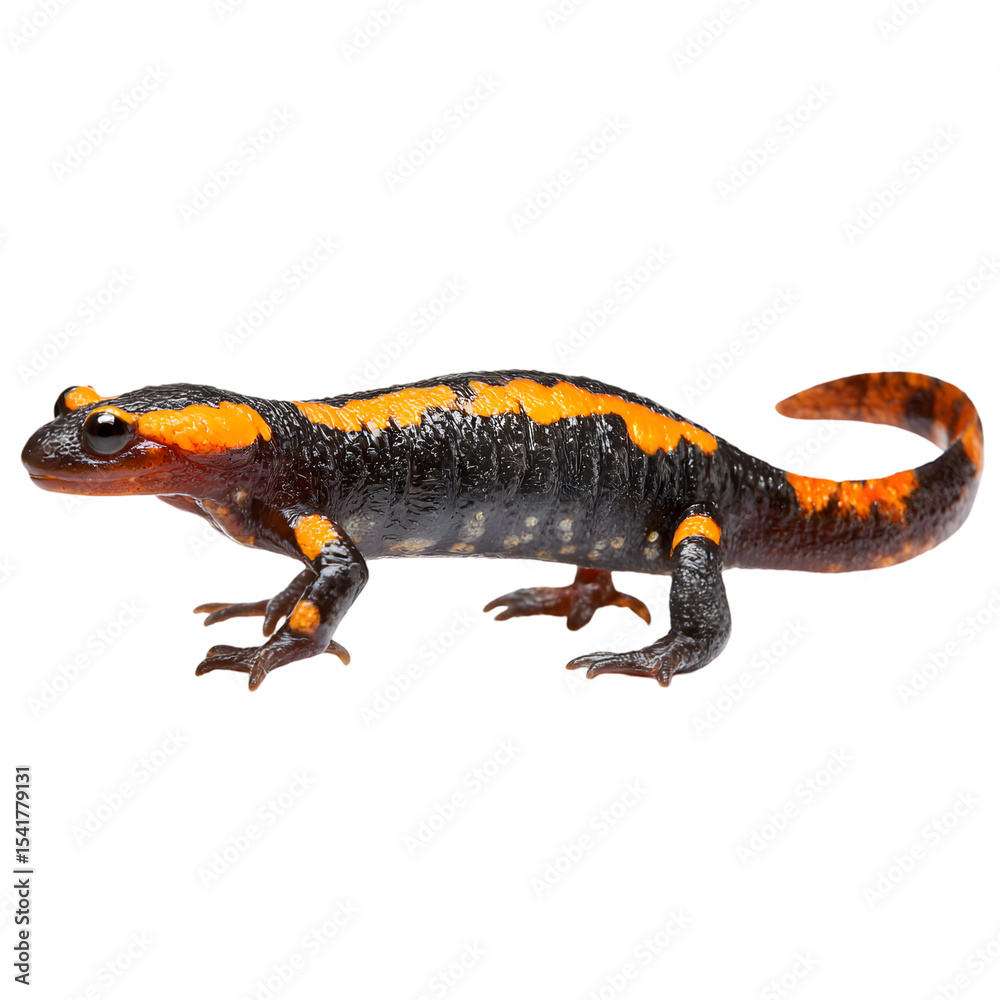 Obraz premium Vibrant orange and black salamander crawling on a rock in a lush forest setting