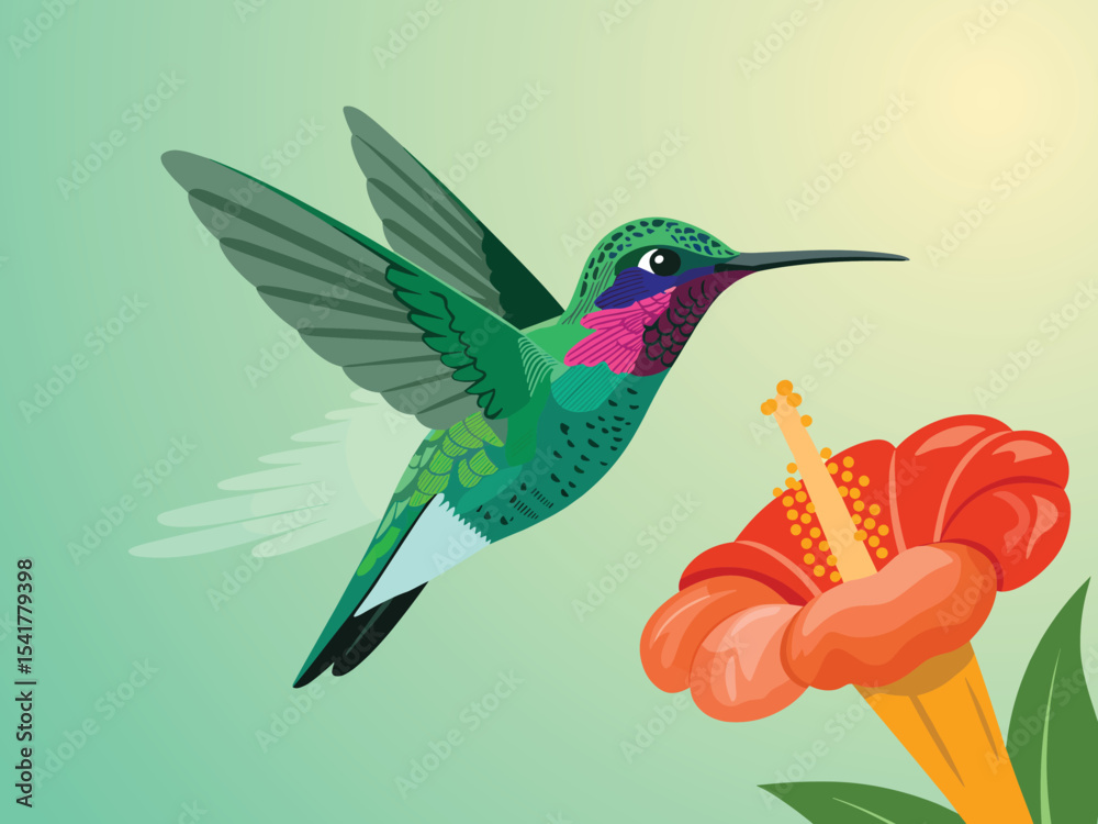Obraz premium Vibrant Hummingbird and Hibiscus Flower Vector Illustration