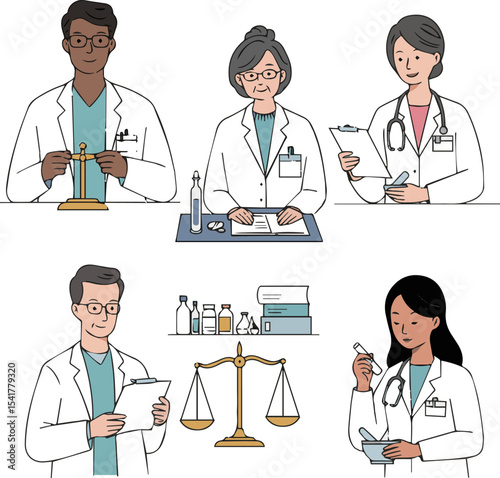 Create a kinds of deferent pharmacist vector art with white background.