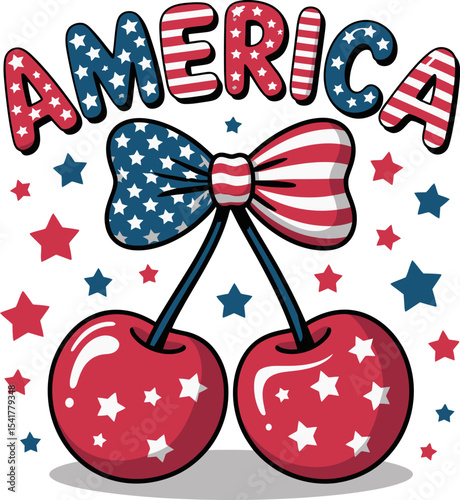 Red cherries hanging from ribbon bow under bold America letters with stars and festive accent  