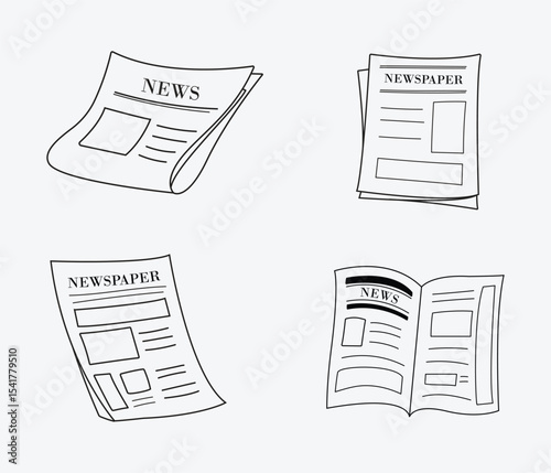 Newspaper illustration doodle collection set. Various article paper isolated vector outline hand drawn for design, icon, material, asset