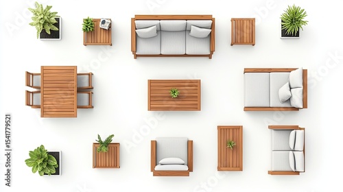 Overhead view of a teak wood outdoor furniture set.