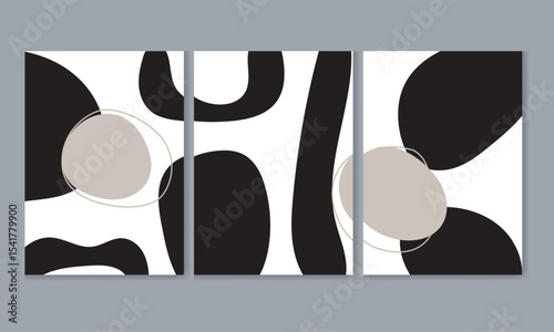 : A minimalist triptych artwork features a captivating interplay of black and beige circles on a crisp white background. The organic shapes create a visually striking and balanced composition.
