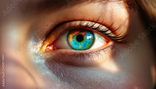 Close-up of a woman's eye with colorful iris and expressive gaze, concept of vision  
