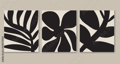  A triptych of canvas prints features a stylized floral design. The artwork is in black and white, with bold, simplified floral shapes on a creamy off-white background. Each panel shows variations 