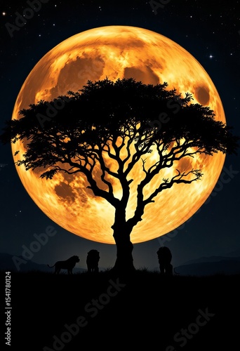 Lions silhouetted under full moon with tree in nighttime landscape  