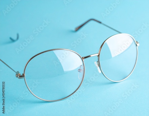 A pair of round glasses on a bright blue background 
