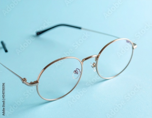 A pair of round glasses on a bright blue background 