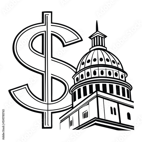 Symbolic Representation of Government and Finance An Illustration of the US Capitol Building Juxtaposed with a Dollar Sign
