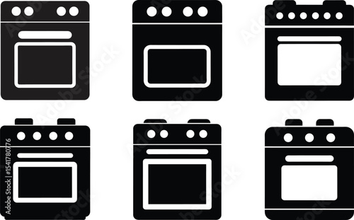 A white, domestic kitchen appliance set with isolated oven machine icons, including electric stove and microwave illustrations
