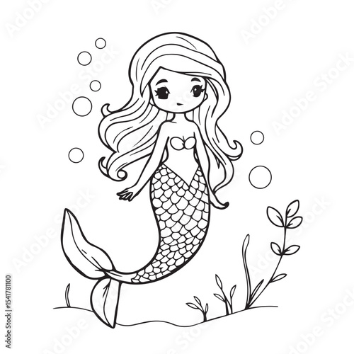 Adorable mermaid with long hair silhouette illustration