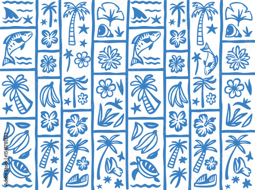 Seamless pattern: grid of blue & white tropical block print icons. Palm trees, turtles, fish, hibiscus & more. Fun, hand-drawn Hawaiian design for summer fashion & beach decor