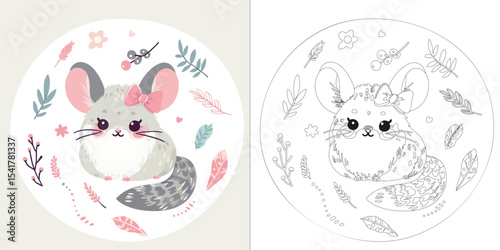 Children's coloring page with cute chinchilla, green and pink leaves, flowers and berries