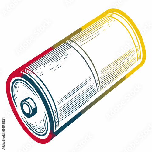 Vintage battery in retro engraving style with colorful accents for blogs, websites, educational materials, energy-themed designs, science presentations, and eco-friendly concepts

