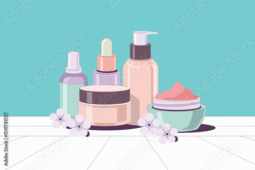 Flat Vector Illustration of Skincare Products Creams, Serums, and Lotion