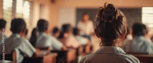 The attentive student in a classroom setting absorbing knowledge from the teacher. photo