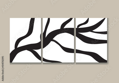  Minimalist vector triptych wall art featuring stylized black tree branches on white background, abstract and modern design ideal for elegant contemporary interior decoration