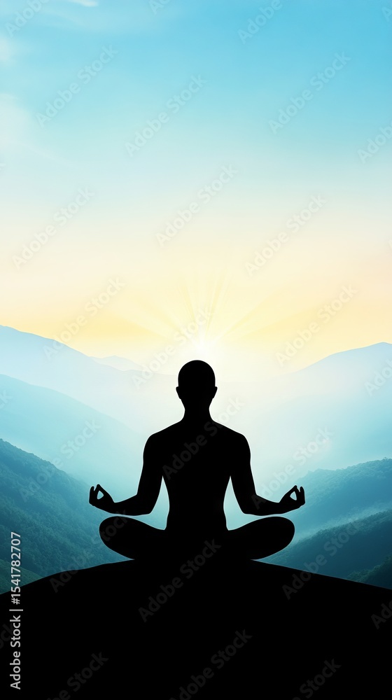 Silhouette of a person meditating on a mountain peak during sunrise, surrounded by serene landscapes, embodying tranquility and mindfulness in nature's beauty Silhouette of a person meditating on a mountain peak during sunrise, surrounded by serene landscapes, embodying tranquility and mindfulness in nature's beauty