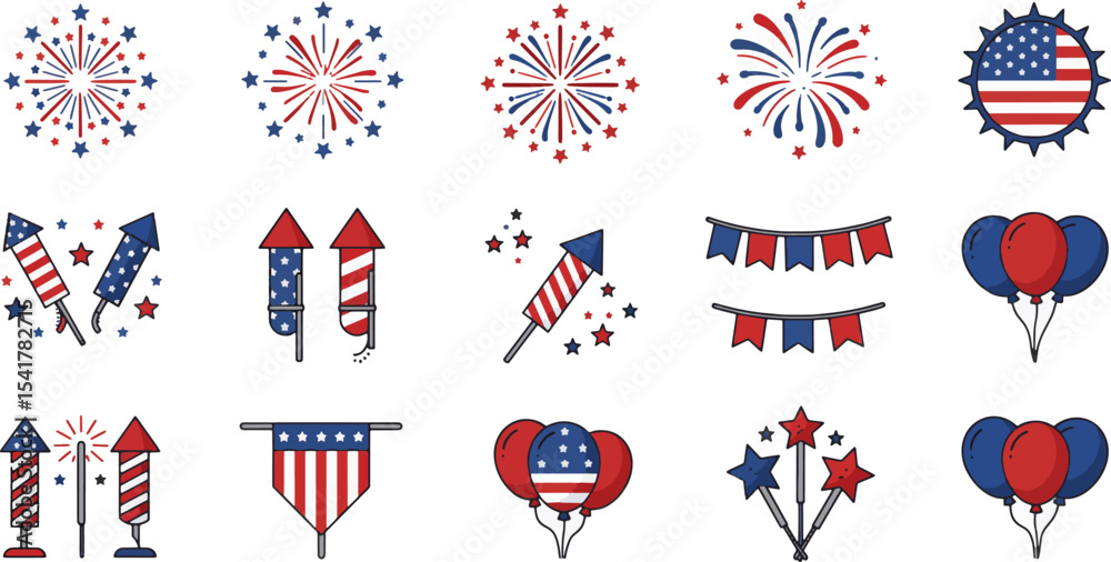 Fototapeta premium Patriotic Fireworks and Celebration Icons Red, White, and Blue Graphics