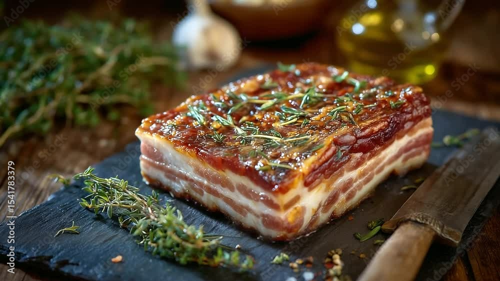 Cinematic lighting on smoked bacon with herbs, resting on black slate with knife marks and warm wood tones in the background for a chef’s table vibe
