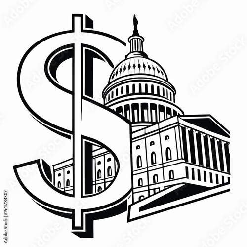 United States Capitol Building Enmeshed with a Dollar Sign Depicting Fiscal Policy and Government Spending Illustration Black and White