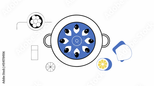 Cooking pot with ingredients and utensils arranged around it, creating vibrant kitchen scene