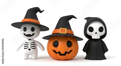 Adorable Halloween Trio  Spooky Cute Skeleton, Pumpkin, and Grim Reaper Characters