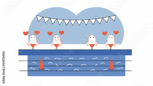 Cute cartoon characters swimming in pool, enjoying sunny day with hearts around them