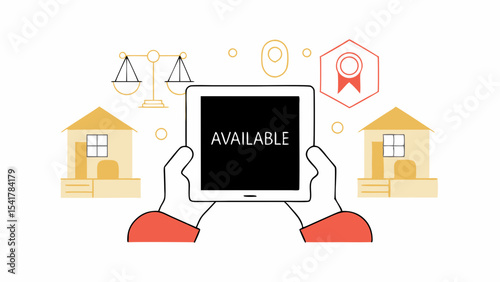 Available tablet display with house icons and legal symbols, showcasing real estate options
