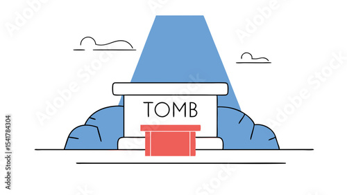 Simple tomb with blue background and clouds evokes sense of mystery and history